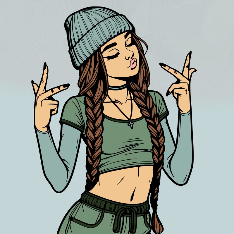 realistic teenage girl with braids and a beanie and crop top doing 🫶🏼