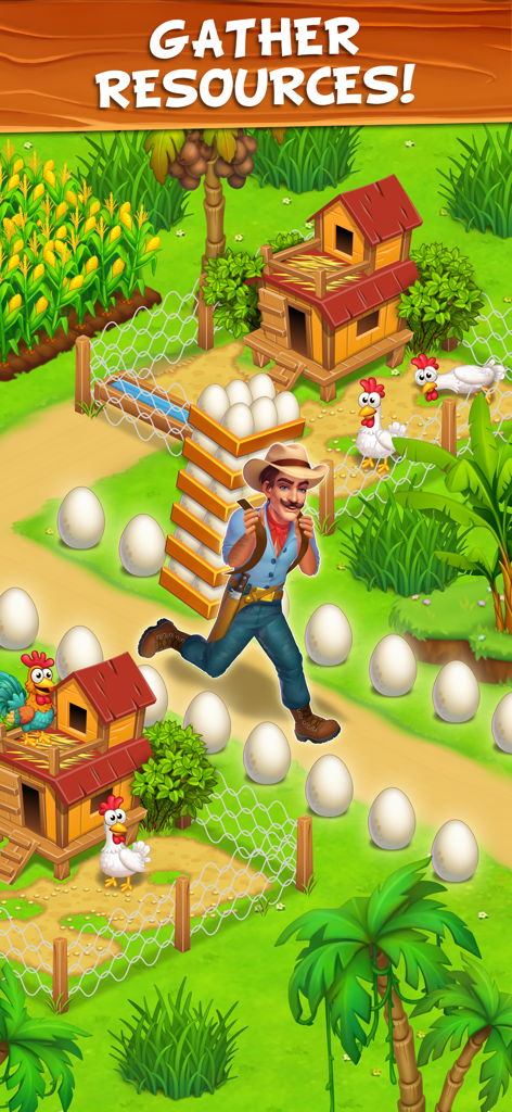 Family Farm - Farming Game - A character carrying a tall stack of giant eggs on a tropical farm with chickens and cornfields.