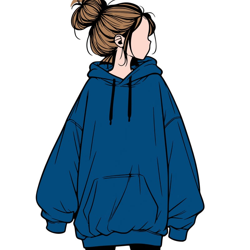 realistic girl with a oversized sweatshirt on and a bun