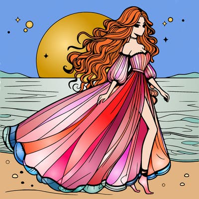 beautiful woman with a vaporous long dress walking on the beach at the noon, detailed art