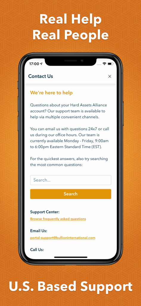 Hard Assets Alliance - Hard Assets Alliance app contact page featuring US based customer support details