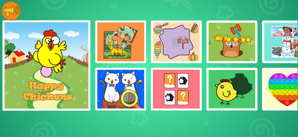 Una pantalla de menú que muestra varios minijuegos educativos para niños, incluyendo rompecabezas, juegos de memoria y actividades con animales.