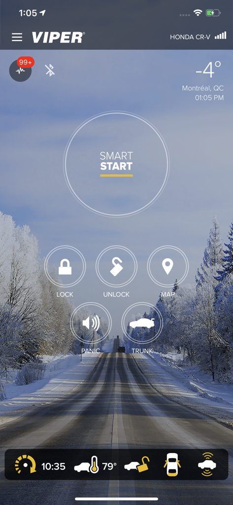 Viper SmartStart mobile app interface with remote start, lock, and unlock buttons on a snowy winter background.