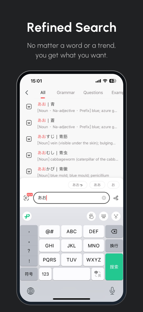 Interfaz de búsqueda refinada de la aplicación Diccionario de Japonés MOJisho que muestra resultados de vocabulario para la consulta 'ao'