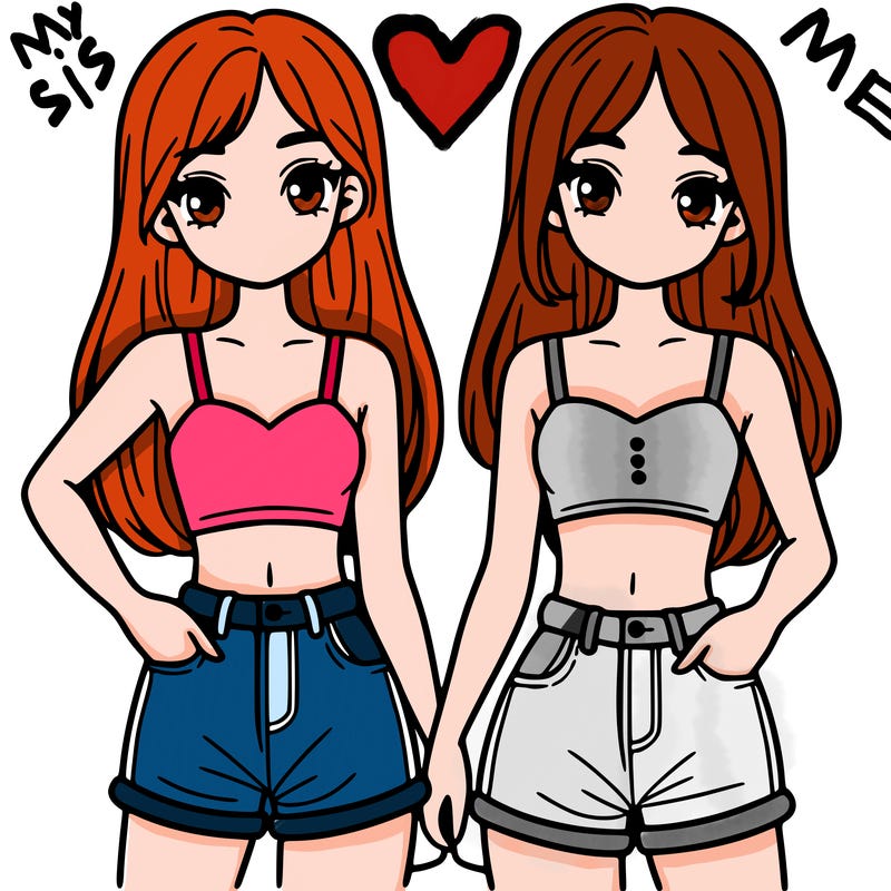 two sisters with crop tops and jean shorts and straight hair