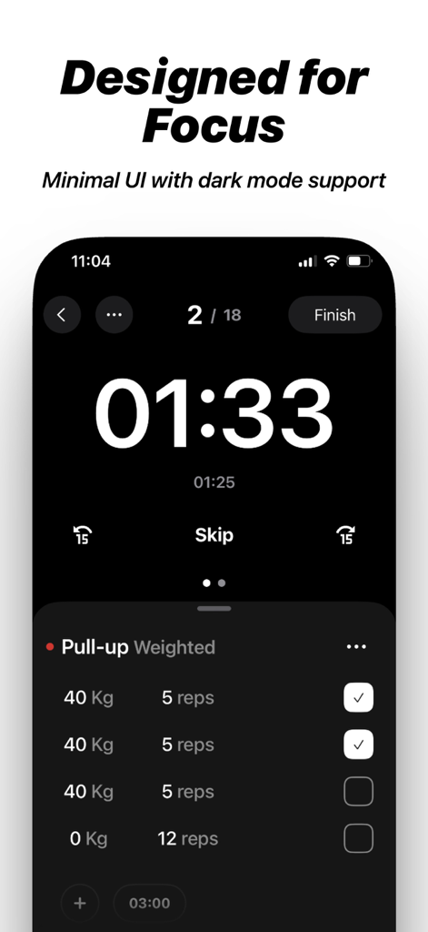 Interfaz del rastreador de entrenamiento Lift con modo oscuro y temporizador de descanso