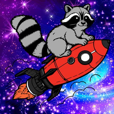 realistic raccoon flying on top rocket ship