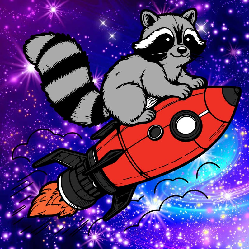 realistic raccoon flying on top rocket ship