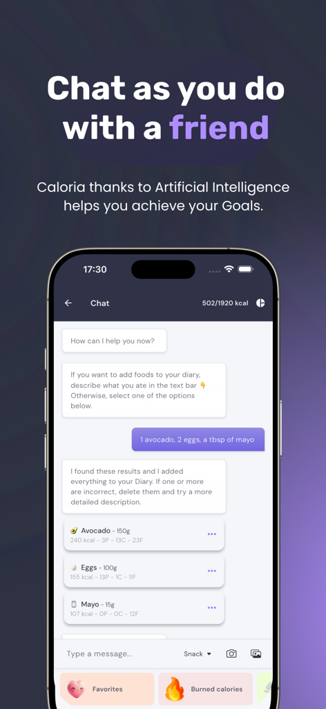 Caloria: Track calories Chat - Caloria app interface showing a user logging a meal via a conversational AI chat interface