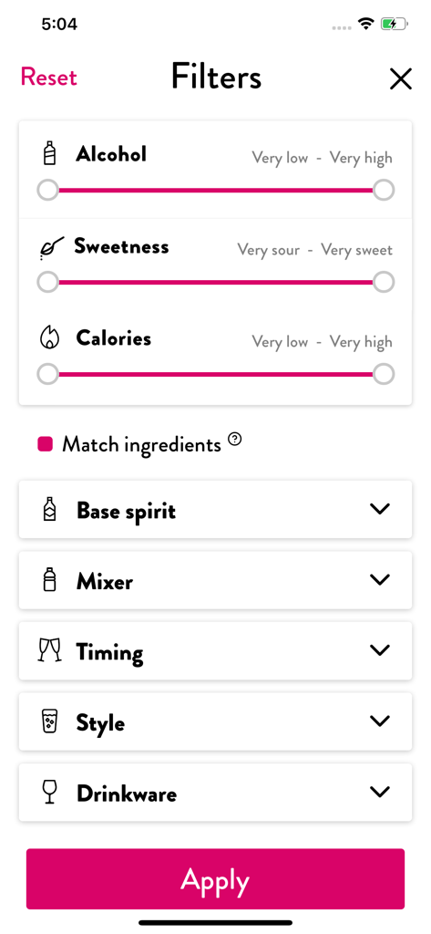 Cocktails App: Drinks Database - Filtros avançados de pesquisa de cocktails para nível de álcool, doçura e calorias