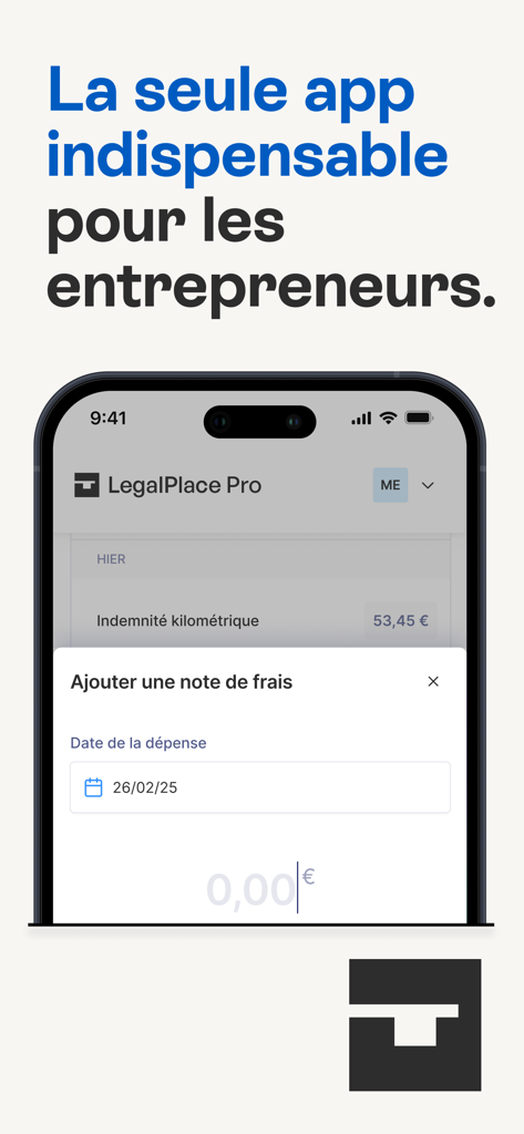 Application mobile LegalPlace Pro affichant l'écran de saisie des notes de frais pour les chefs d'entreprise.