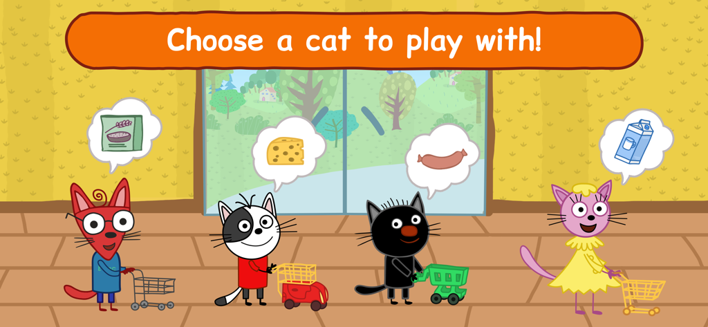 Kid-E-Cats: Supermarket Game! - Four cat characters from Kid-E-Cats with shopping carts and grocery thought bubbles