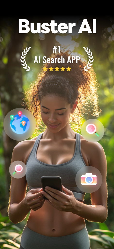 Buster AI - A woman using Buster AI app for reverse image search in a forest