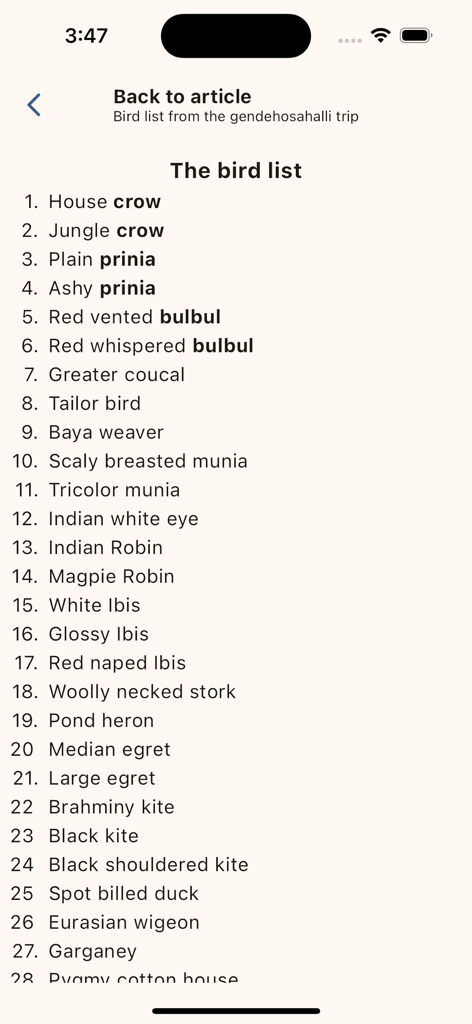 Tikker News - Uma lista numerada de espécies de pássaros de um artigo intitulado A lista de pássaros exibida na interface do aplicativo móvel Tikker News.