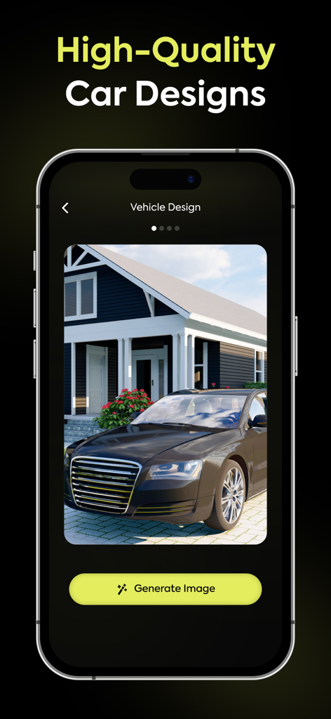 AI Car Designer Modify Style - AI Car Designer app interface showing a high quality vehicle design render of a sedan parked in front of a house with a generate image button