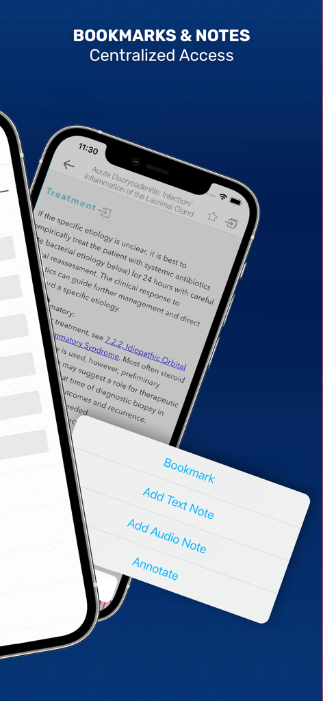 The Wills Eye Manual - Smartphone screen showing the Wills Eye Manual app with a menu for bookmarks, text notes, audio notes, and annotations over medical clinical content.