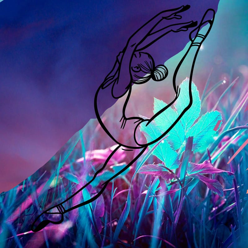 gymnast doing a leap in a leotard with a bent back leg