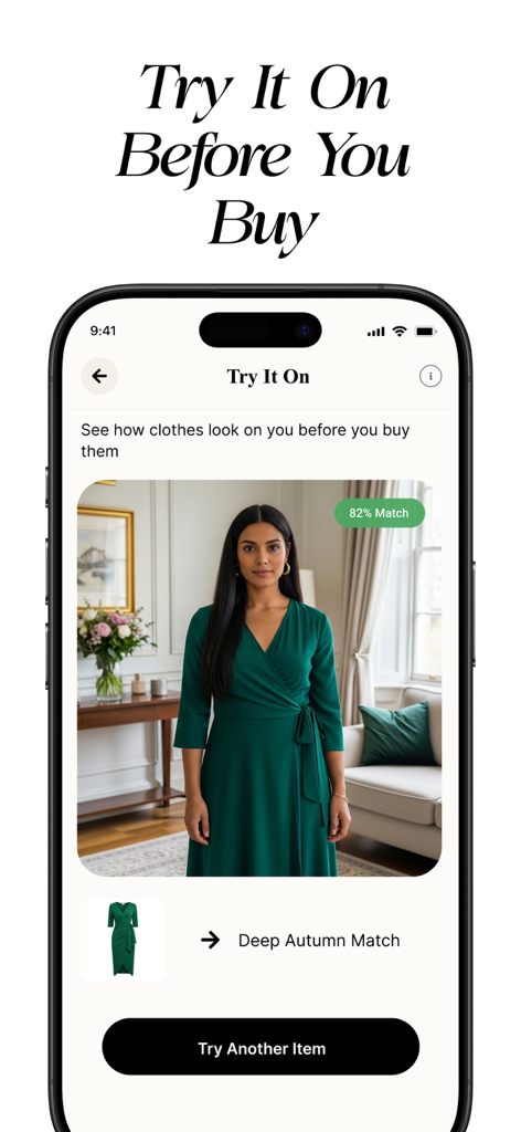HueCheck: Color Analysis AI - A woman using the HueCheck app to virtually try on a green dress with a Deep Autumn color match analysis.
