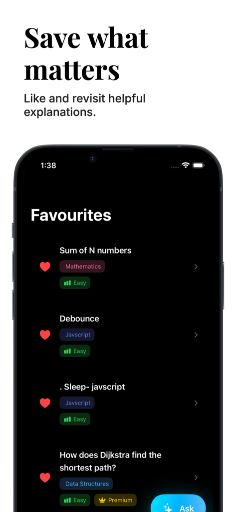 Claryzo: Ask, Play, Learn (AI) - Smartphone screen displaying favorited educational topics in the Claryzo learning app