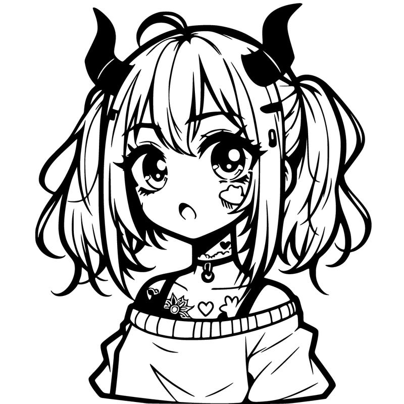 a cute teenage anime girl with a tattoo and horns