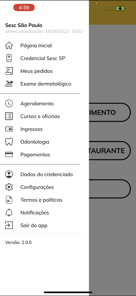 Sidebar navigation menu of the Credencial Sesc SP mobile app showing various service options