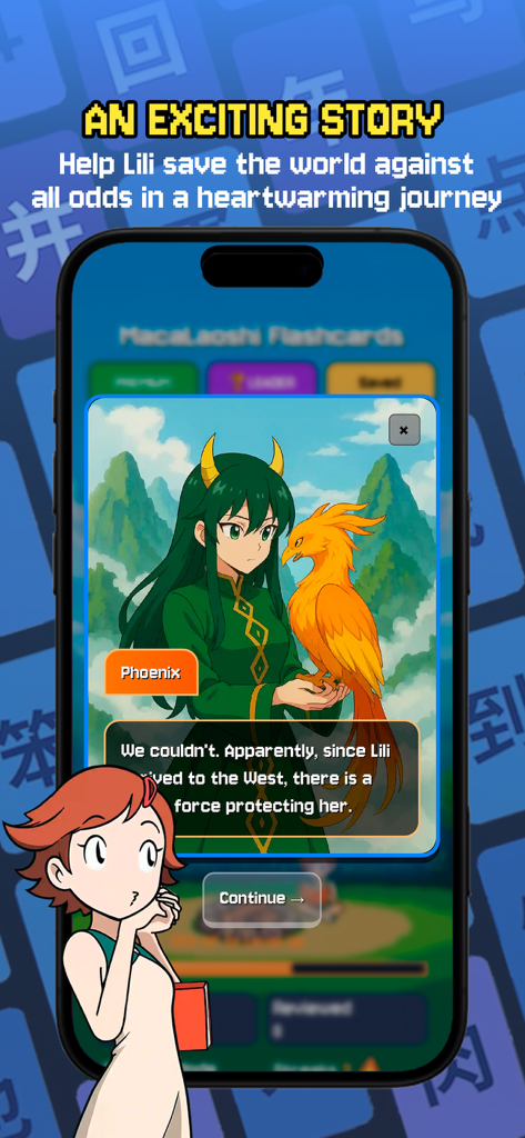 Macalaoshi Flashcards - Un écran narratif axé sur l'histoire dans l'application Macalaoshi Flashcards, présentant des personnages de style anime et un phénix.
