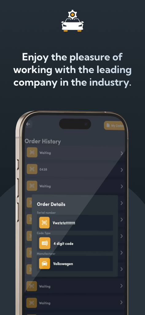 Car Radio Codes - Car Radio Codes app screen showing order history and details for a Volkswagen radio unlock
