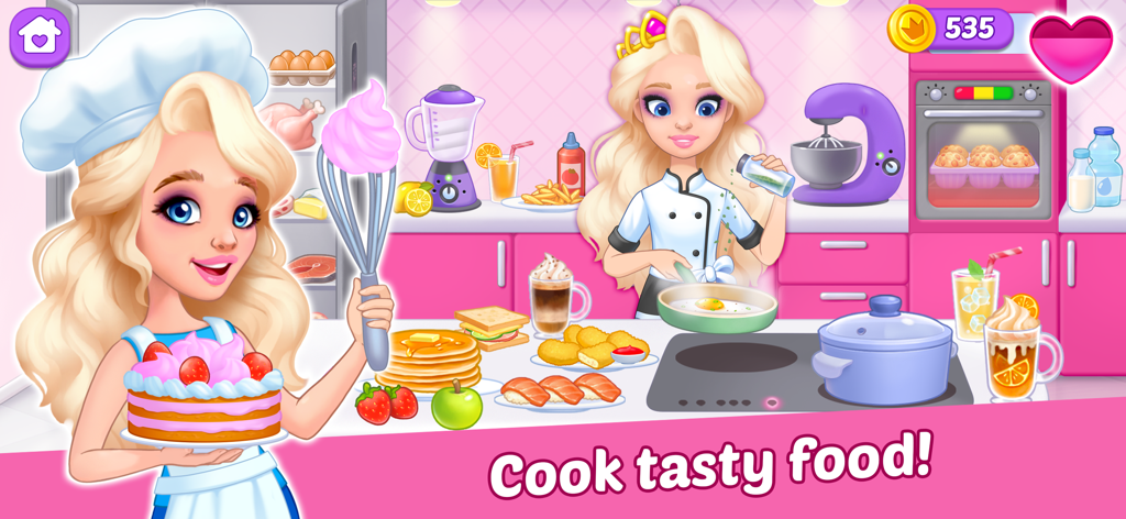 Doll Dream house! Life games! - Two doll characters preparing food in a pink dream house kitchen