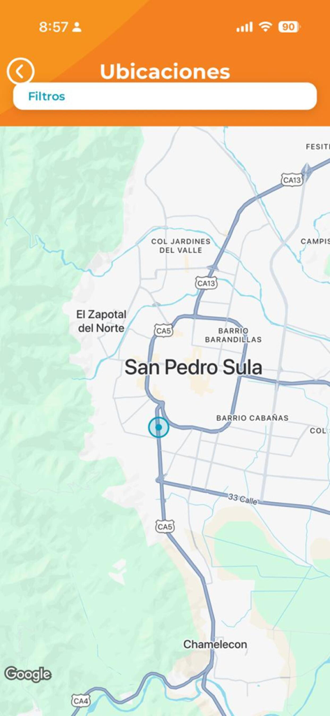 RNP MOVIL - RNP MOVIL app screenshot showing the locations feature with a map of San Pedro Sula Honduras