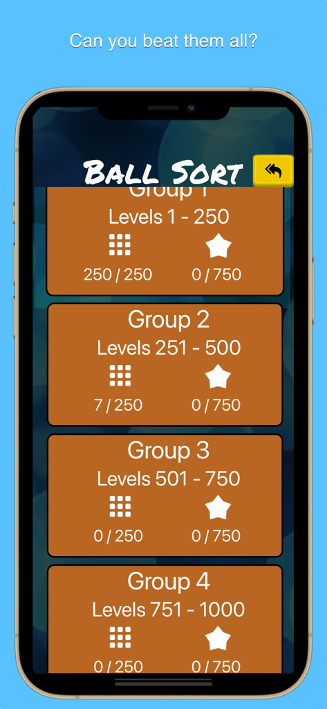 Balls, Bricks, & Puzzles - Level selection menu for Ball Sort game showing four groups of puzzles with progress icons