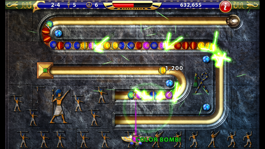 Luxor HD - Gameplay of Luxor HD showing colored marbles moving through an Ancient Egyptian temple track with special effects