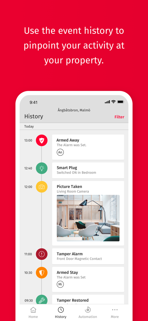 Verisure 앱 기록 화면, 홈 보안 활동 알림 및 카메라 사진의 연대순 타임라인 표시