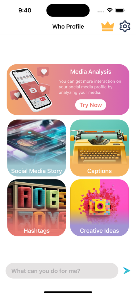 Who profile: AI Analysis - Main dashboard of the Who profile app featuring AI social media analysis tools for captions and hashtags