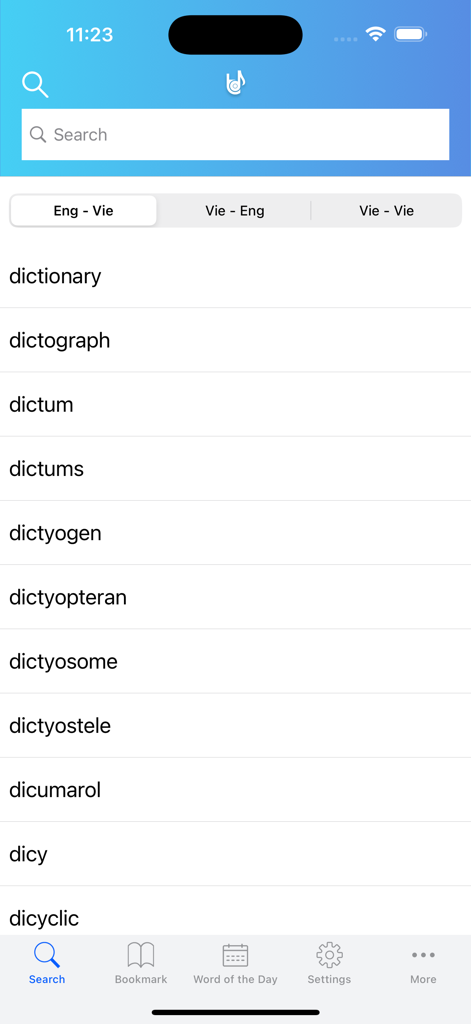 Ultimate Lac Viet Dictionary - 궁극의 락 비엣 사전 검색 화면, 영어-베트남어 단어 목록 및 사전 카테고리 표시