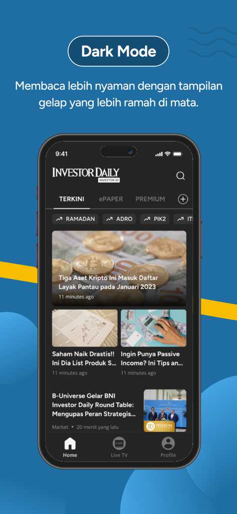 La interfaz de la aplicación Investor Daily muestra noticias financieras en modo oscuro.