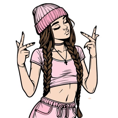 realistic teenage girl with braids and a beanie and crop top doing 🫶🏼