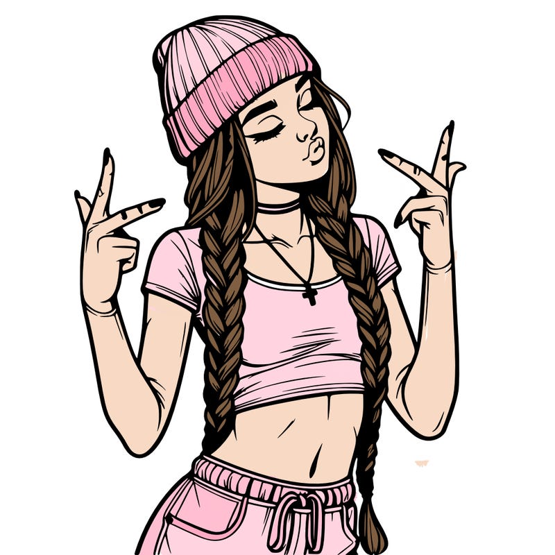 realistic teenage girl with braids and a beanie and crop top doing 🫶🏼