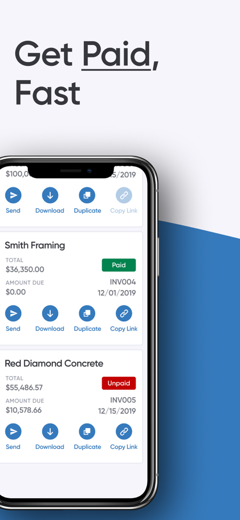 Invoice Maker | Generator - Interface do aplicativo móvel Criador de Faturas mostrando faturas comerciais e status de pagamento