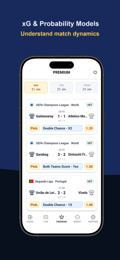 BetPredict AI: Betting Tips - Interface of BetPredict AI app showing premium soccer betting tips and probability models