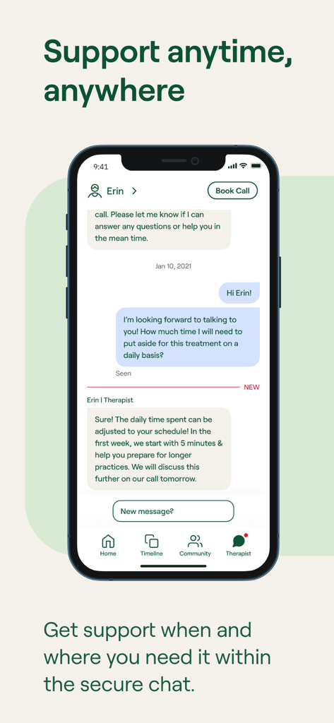 Meru Health - Pantalla de smartphone mostrando la interfaz de chat seguro de la app Meru Health con un terapeuta licenciado.