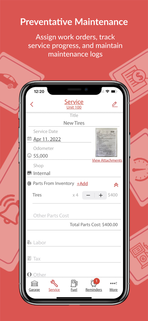 AUTOsist Fleet Management App - A smartphone showing the AUTOsist app service screen for fleet preventative maintenance and work orders.