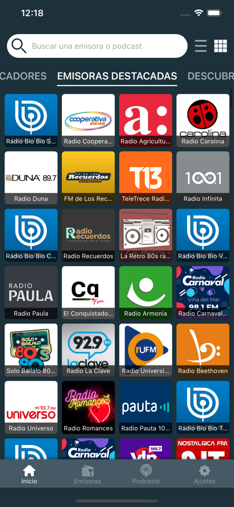 A grid display of various Chilean radio station logos on the featured stations screen of the app