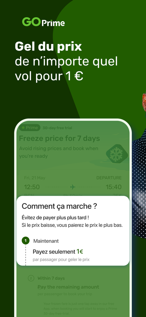 Go Voyages: Vols Pas Chers - Interface de l'application Go Voyages affichant la fonctionnalité de gel du prix des vols GO Prime pour 1 euro