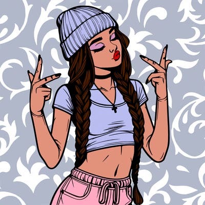 realistic teenage girl with braids and a beanie and crop top doing 🫶🏼