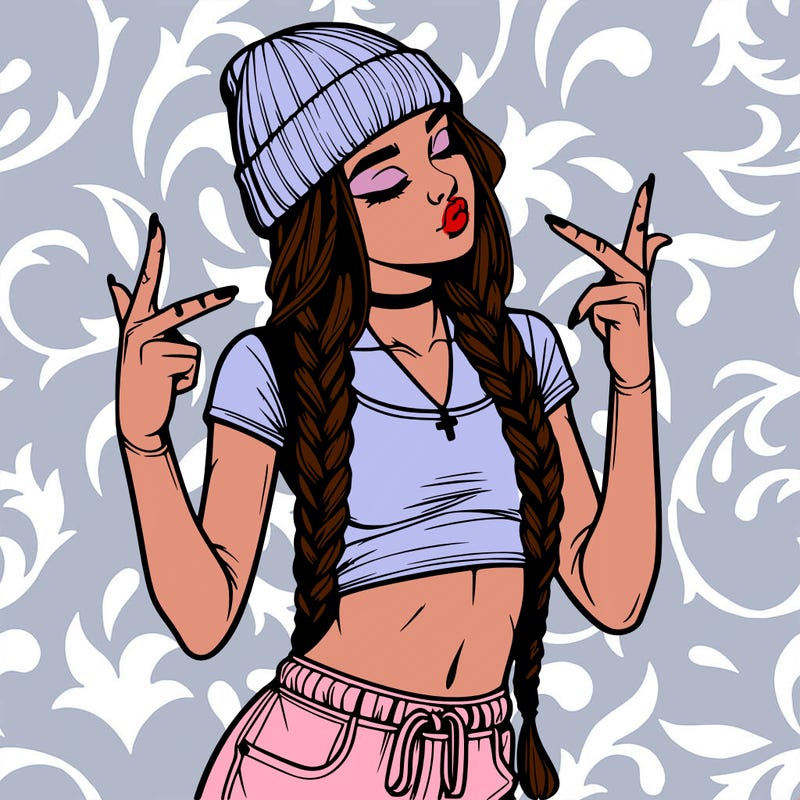 realistic teenage girl with braids and a beanie and crop top doing 🫶🏼