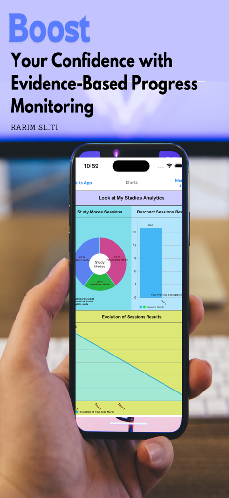 Un teléfono inteligente que muestra análisis de estudio y gráficos de monitoreo de progreso para el examen RRT de Terapeuta Respiratorio.