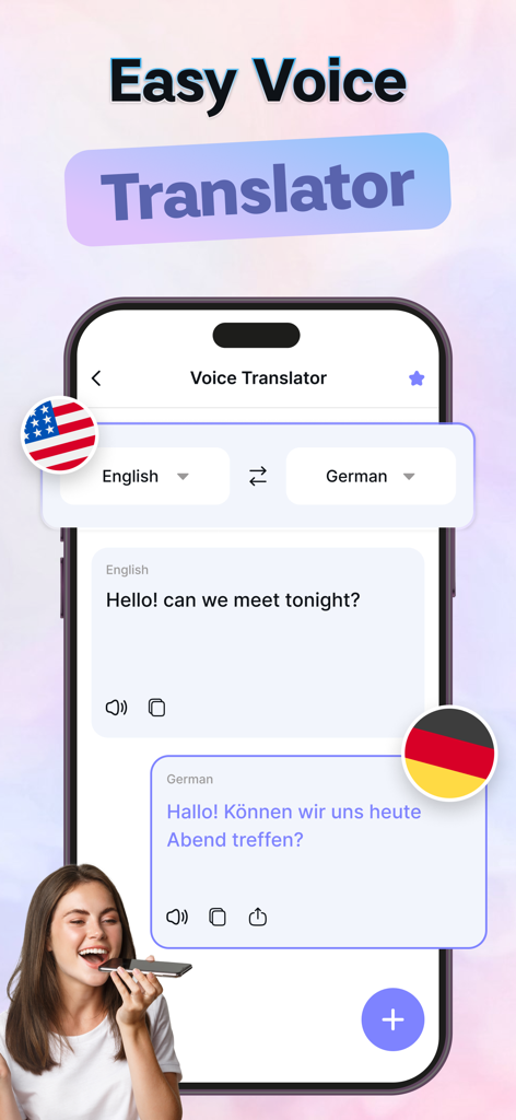All Translate AI: Voice, Text - Mobile app interface showing real-time voice translation from English to German with a woman speaking into her phone