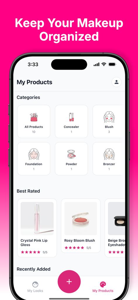 BeautyJournal - BeautyJournal app interface for organizing makeup products by category and rating.