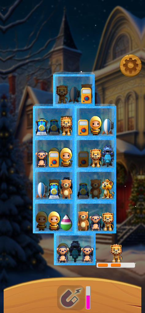 마트 정리 게임 플레이로, 눈 덮인 겨울 배경을 두고 선반에 다양한 장난감 아이템이 정리되는 모습을 보여줍니다.