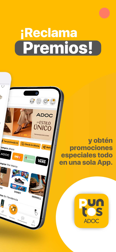 Puntos ADOC - Smartphone displaying the Puntos ADOC app interface for loyalty points and rewards